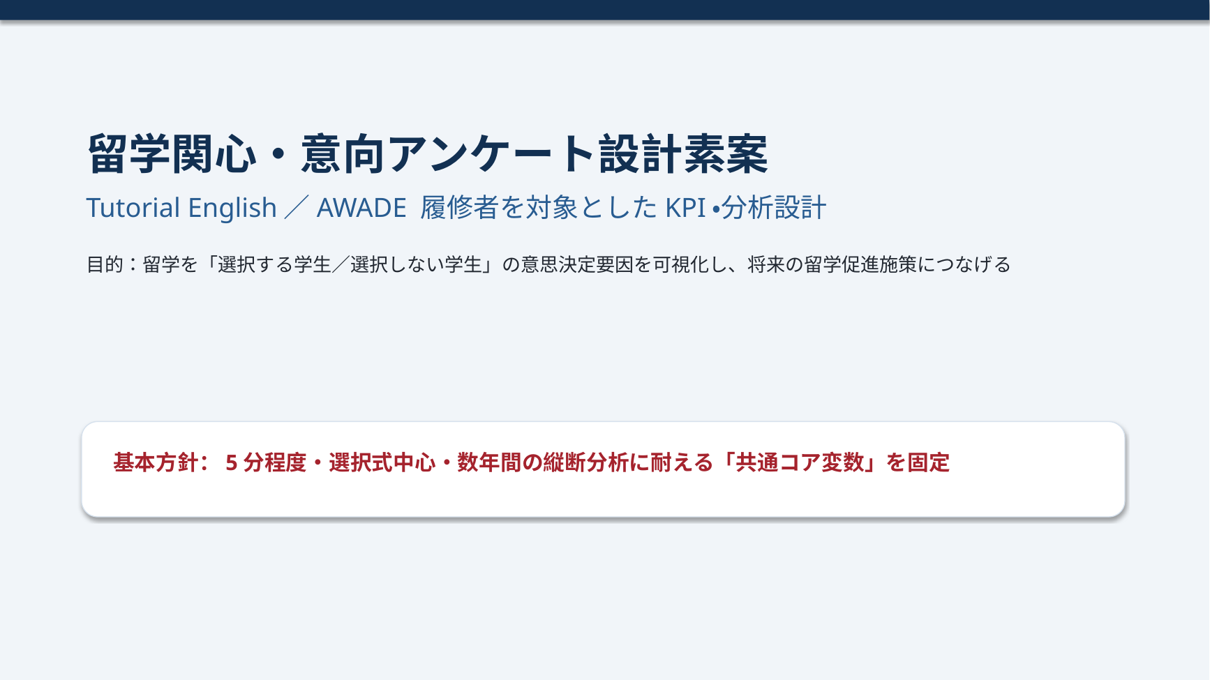 Tutorial English／AWADE履修者を対象とした留学関心・意向アンケート設計素案